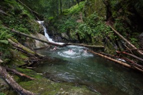 Bathing in the cold water of mountain river helps to regenerate